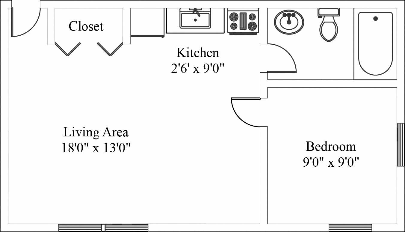 Floor plan for 1 bed, 1 bath, 405 sqft